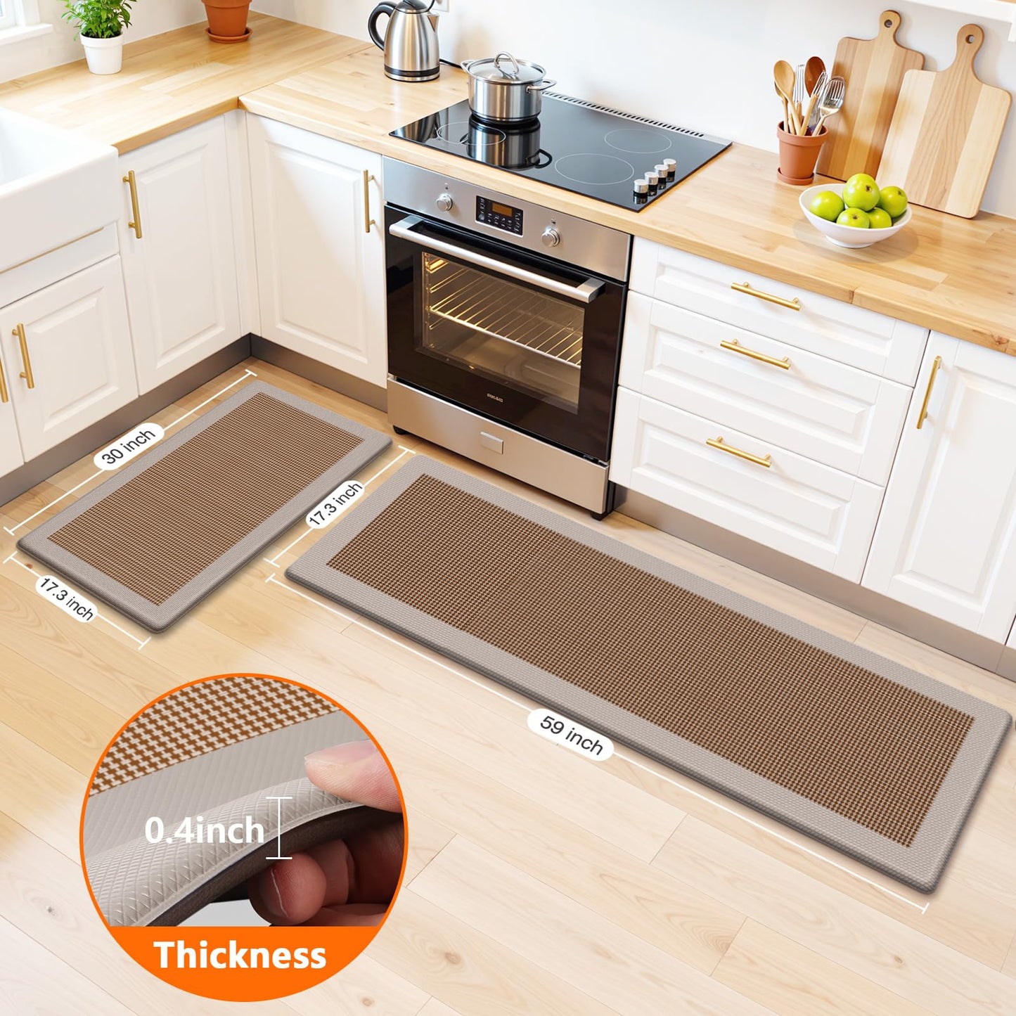 SofterCharm Kitchen Mats, 2PCS Kitchen Rugs for Floor, Cushioned Anti-Fatigue Mats for Kitchen Floor, Non-Slip Standing Desk Mat for Sink, Home, Laundry & Office, 17.3"x30"+17.3"x59" (Khaki)
