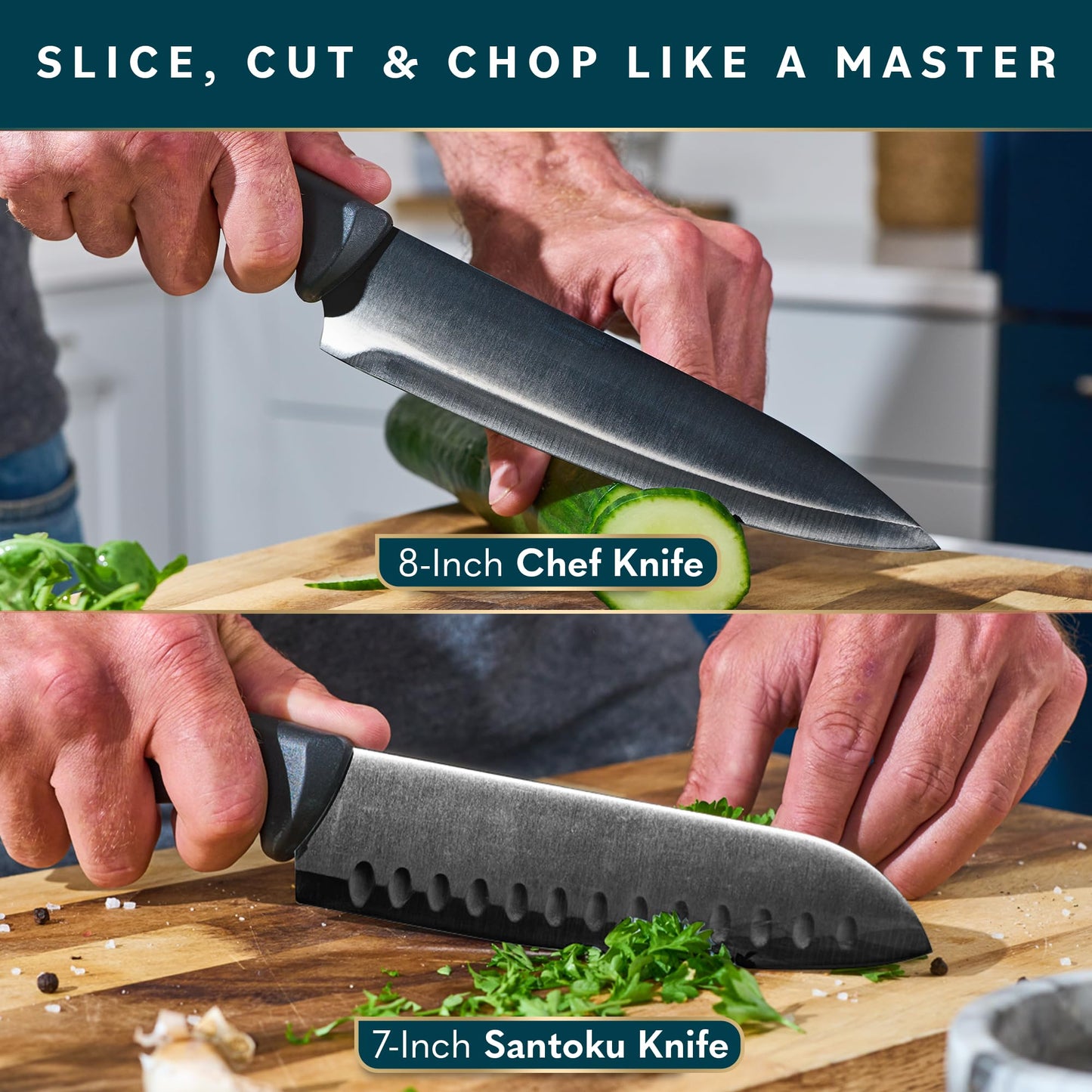 Home Hero Kitchen Knife Set - Wooden Knife Block Organizer - High Carbon Stainless Steel Blades - Ergonomic Handles with Built-In Sharpener & Kitchen Scissors - 16-Pc, Black