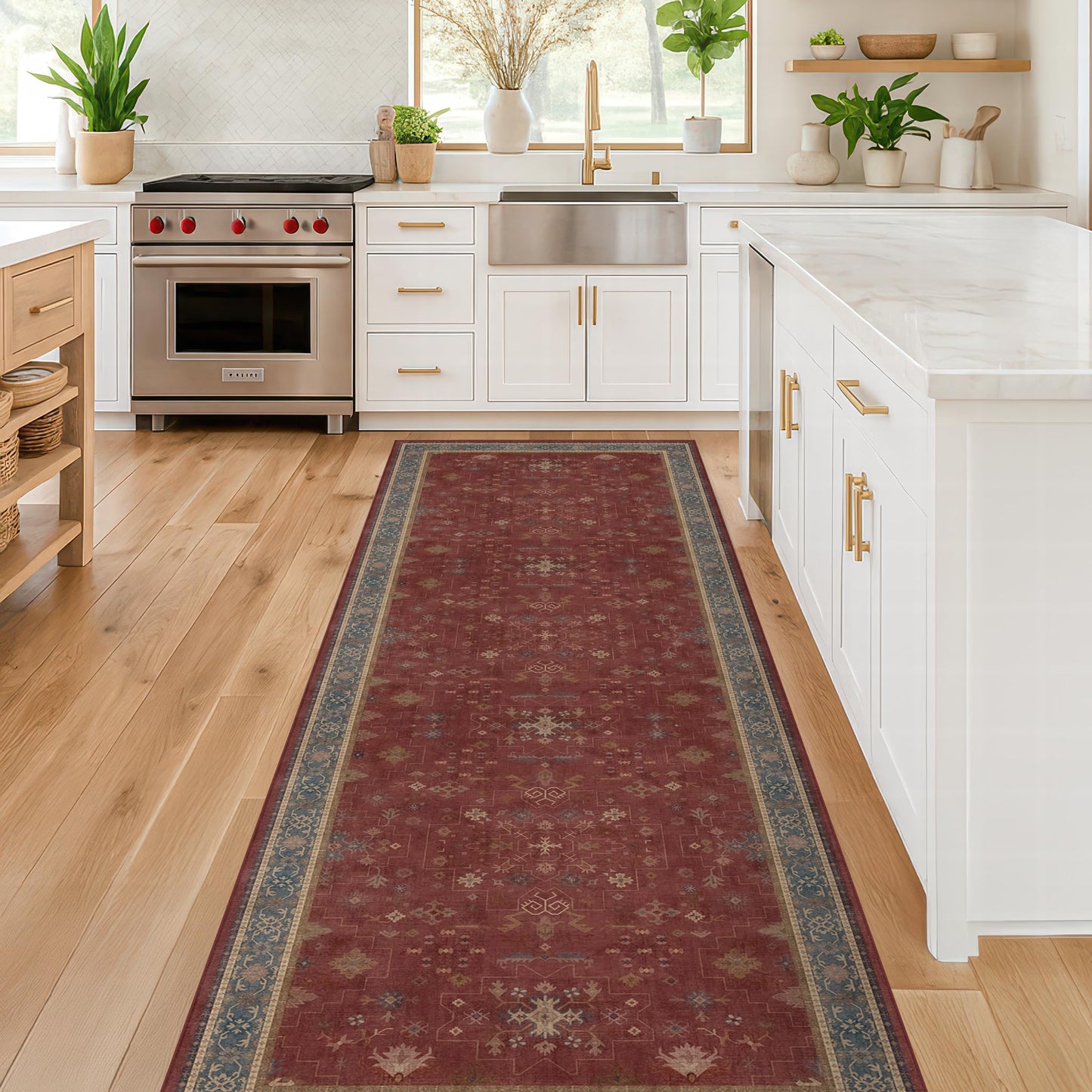 Dark Red 2'6''x8' Wide Hallway Runner Rug - Washable Kitchen Sink Rug, Non Slip 8ft Long Runner Rug for Entryway, Burgundy Turkish Floral Print Home Décor
