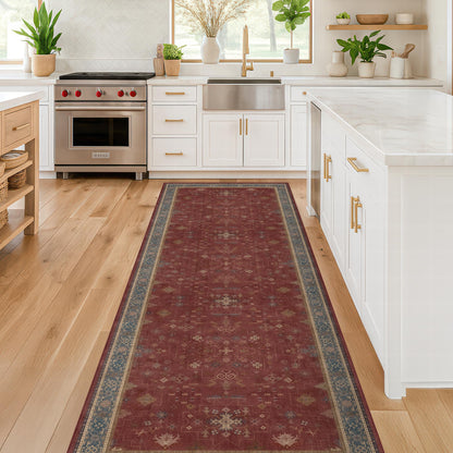Dark Red 2'6''x8' Wide Hallway Runner Rug - Washable Kitchen Sink Rug, Non Slip 8ft Long Runner Rug for Entryway, Burgundy Turkish Floral Print Home Décor