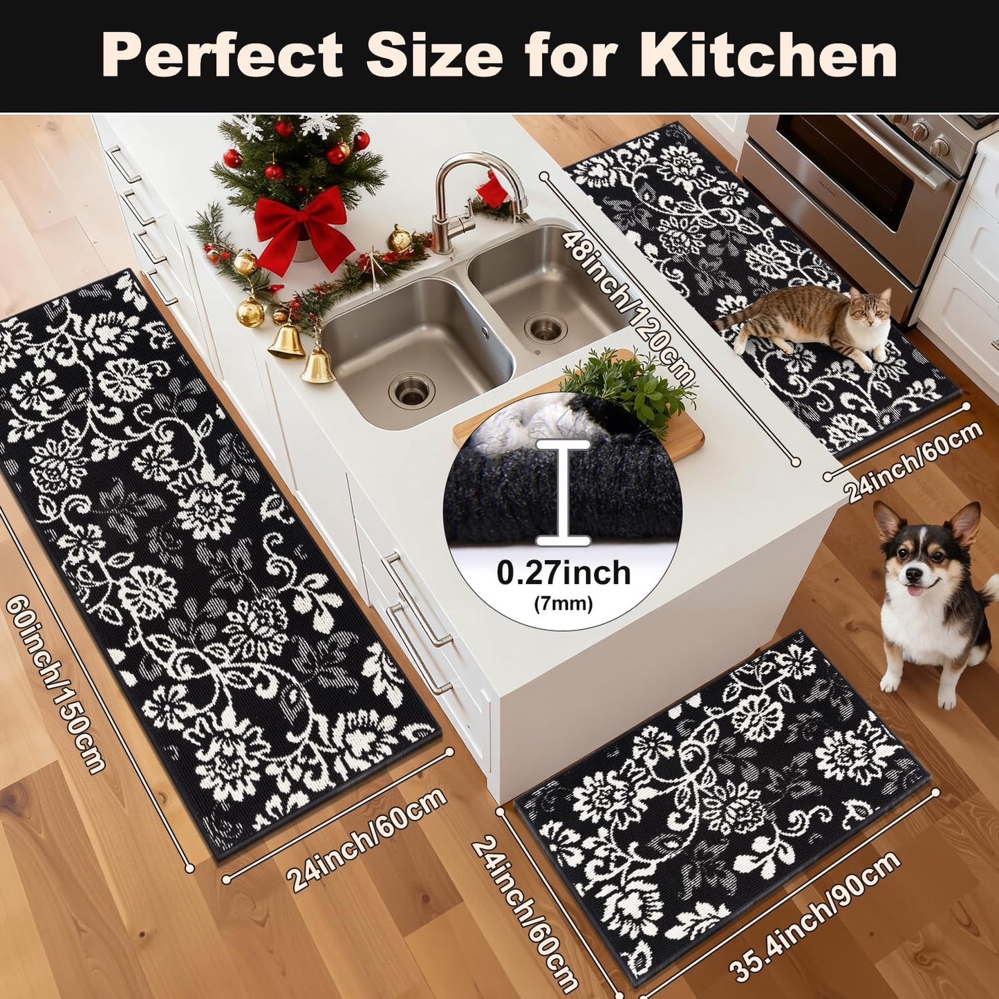 LOKHOM Boho Kitchen Rugs Sets of 3, Non Slip High-Low Textured Kitchen Mats for Floor with Rubber Backing, Paisley Floral Washable Carpet Runner for Hallways Entryway Laundry Sink (Black & White)