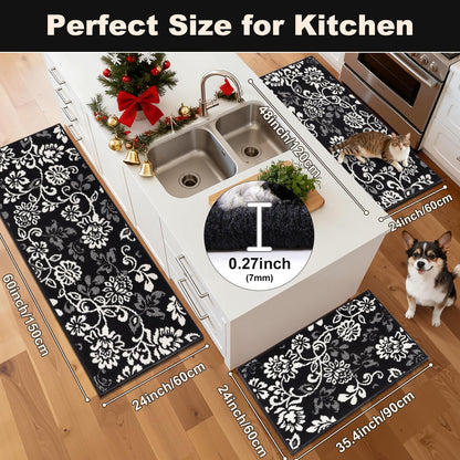LOKHOM Boho Kitchen Rugs Sets of 3, Non Slip High-Low Textured Kitchen Mats for Floor with Rubber Backing, Paisley Floral Washable Carpet Runner for Hallways Entryway Laundry Sink (Black & White)