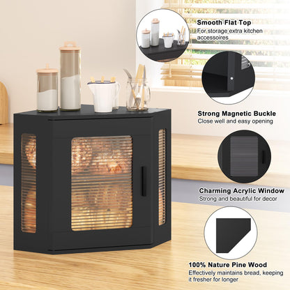 TQVAI Bread Box for Kitchen Countertop Large Corner Bread Loaf Storage Container Double Layer Wooden Bread Boxes Bin Farmhouse Pantry Shelf with Acrylic Window, Black