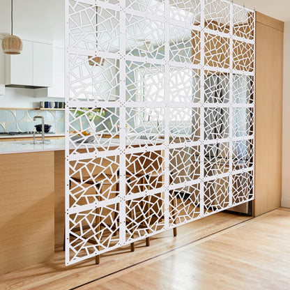 ANMINY 24 PCS Hanging Room Divider Decorative Thick Panels Floral Carving Wall Screen Hollow Out Design for Bedroom Living Dining Room Kitchen Office Restaurant Home Decor - White Geometric Patterns