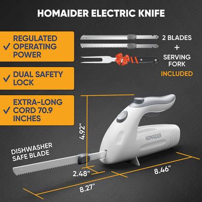 Homaider Electric Knife for Meat Slicing, Turkey, Carving Meat, Turkey, Bread & More | Ergonomic Handle + 2 Carving Stainless Steel Blades and Serving Fork Included, 6 Foot Cord