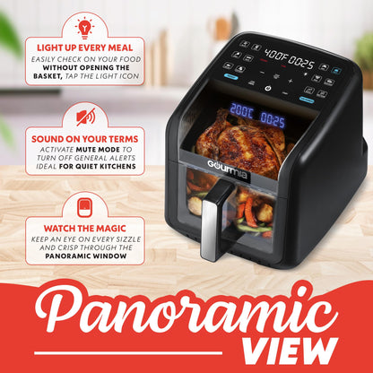 Gourmia Air Fryer 7 QT - Easy View Panorama Window & Interior Light, Guided Cooking with 12 One-Touch Presets, FryForce 360, Dishwasher Safe Accessories, Black