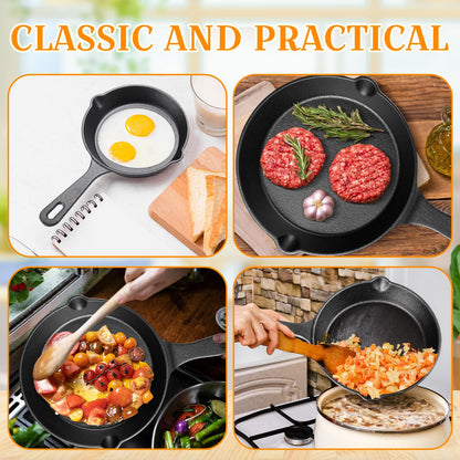 Vesici 5 Pcs Cast Iron Skillet Frying Pans with Drip-spouts Circle Non-stick Frying Skillet Omelette Pan Safe Healthy Cookware for Home Barbecue Kitchen Party Restaurant Catering Service (Mixed Size)