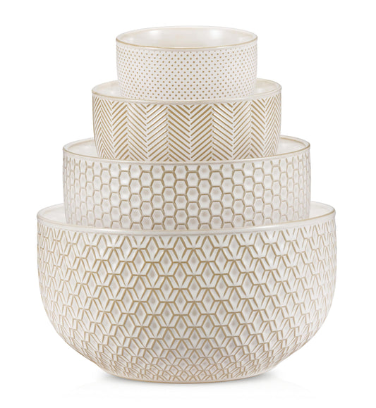 KooK Ceramic Mixing Bowls, Nesting Set of 4, Embossed Kitchen Dishware, Prep, Serving, Gift, Microwave and Dishwasher Safe, 20/44/98/145 oz, Narbonne Collection (Ivory)