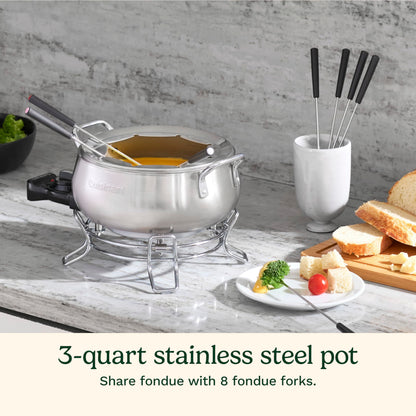 Cuisinart Fondue Pot Set, 3-Quart Stainless Steel Electric Fondue Pot for Chocolate, Cheese, Broth, and Oil, Includes 8 Forks, Temperature Control, Nonstick Interior, Dishwasher Safe, CFO-3SSNAS