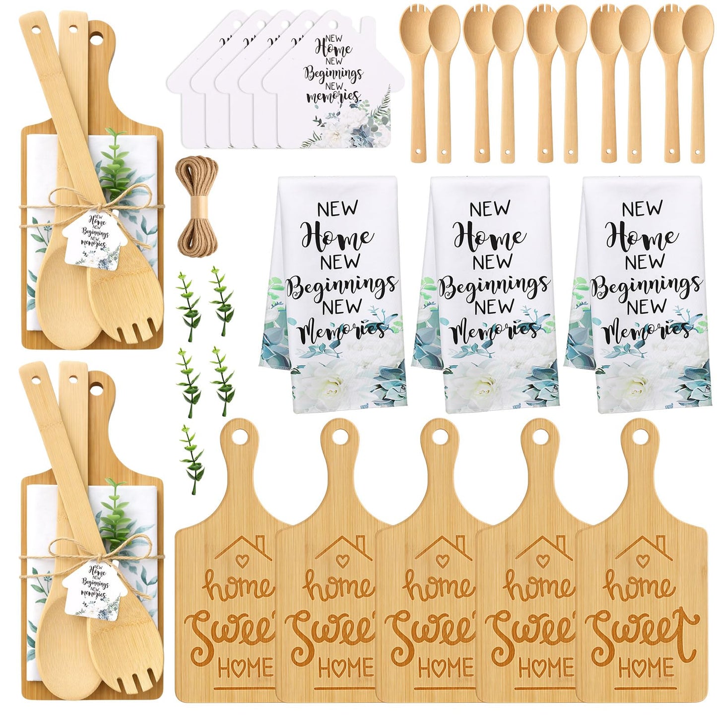 Geelin Housewarming Gifts Engraved Cutting Board New Home Beginning Kitchen Towels Cards Bamboo Spoons House Warming Gift Set for Homeowner Neighbor Couple Apartment Kitchen(31 Pcs,Rectangle)