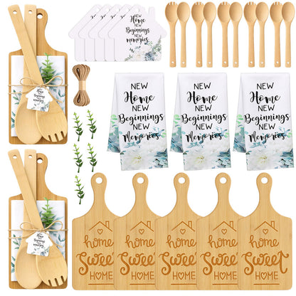 Geelin Housewarming Gifts Engraved Cutting Board New Home Beginning Kitchen Towels Cards Bamboo Spoons House Warming Gift Set for Homeowner Neighbor Couple Apartment Kitchen(31 Pcs,Rectangle)