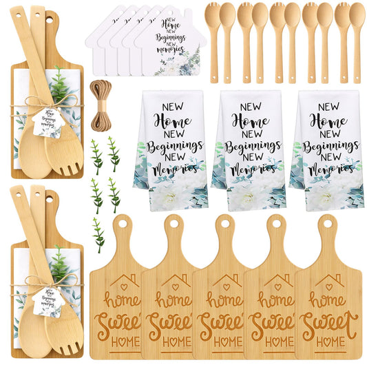 Geelin Housewarming Gifts Engraved Cutting Board New Home Beginning Kitchen Towels Cards Bamboo Spoons House Warming Gift Set for Homeowner Neighbor Couple Apartment Kitchen(31 Pcs,Rectangle)