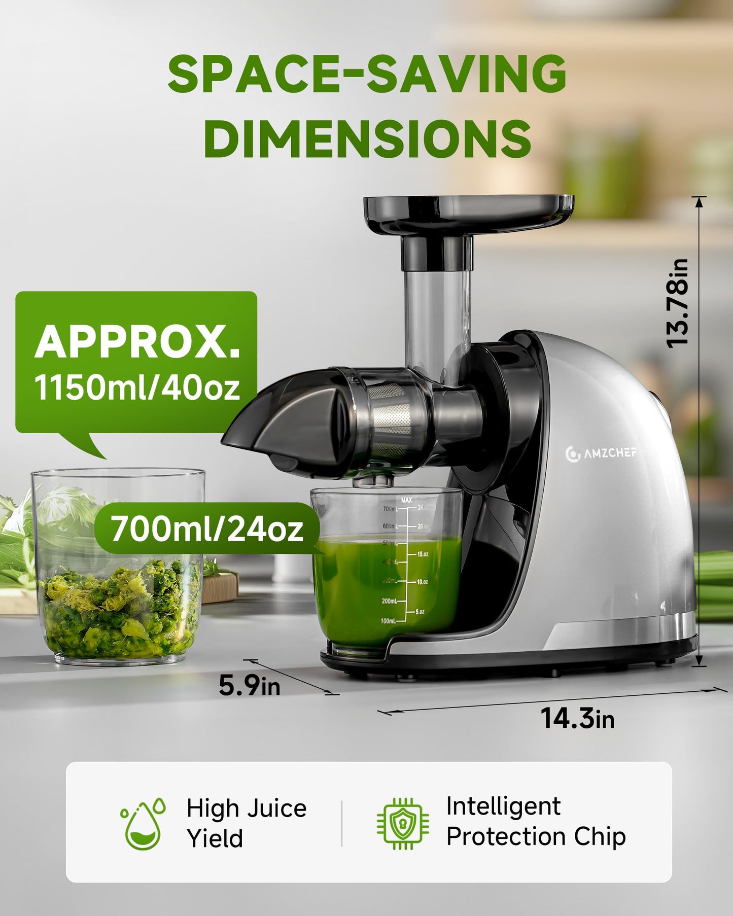 AMZCHEF Cold Press Masticating Juicer Machine - 90% Yield Reverse System, Quiet Motor for Home & Breakfast, 3-Step Clean with Brush, Includes 50+ Juice Recipes, Light Grey