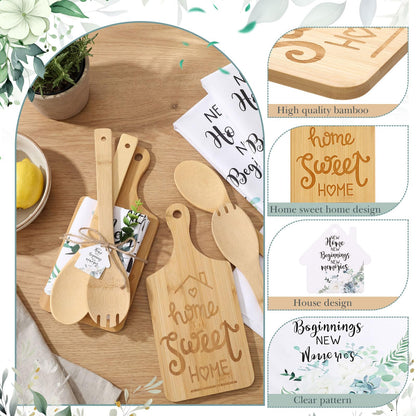Geelin Housewarming Gifts Engraved Cutting Board New Home Beginning Kitchen Towels Cards Bamboo Spoons House Warming Gift Set for Homeowner Neighbor Couple Apartment Kitchen(31 Pcs,Rectangle)