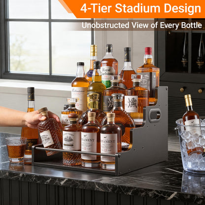 YQBRAO 2 Pack 4-Tier Liquor Bottle Display Shelf, 16-Inch Wooden Bar Shelves for Liquor Bottles, Countertop Whiskey Shelf and Bourbon Shelf Organizer for Home Bar, Kitchen（Black）