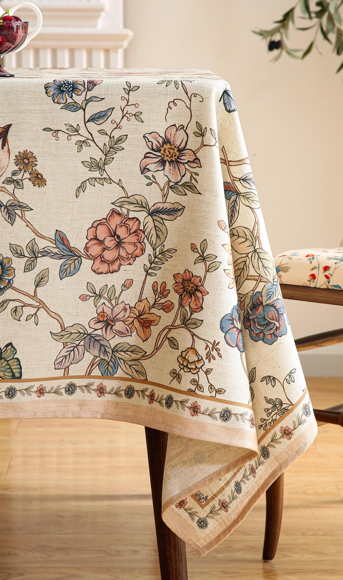 ISAENNE Designer French Light Beige Table Cloth for Rectangle Table,Linen Florals and Birds Pattern Tablecloth,Durable Decorative Tablecloths for Dining Thanksgiving Kitchen,55"*79"-Cornucopia