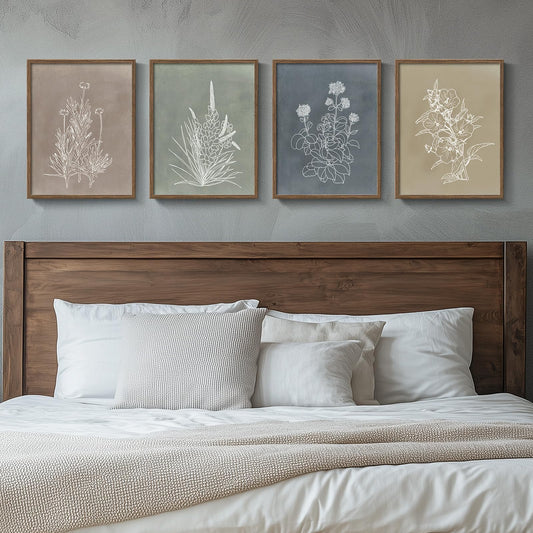 Boho Framed Botanical Wall Art for Bedroom, 4 Piece Vintage Neutral Floral Canvas Painting Prints for Modern Farmhouse, Minimalist Rustic Flower Pictures for Living Room Kitchen Dining Room Home Decor