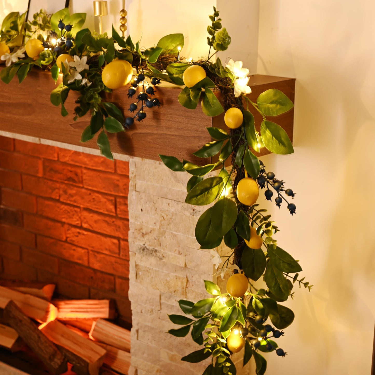 Valery Madelyn 6ft Pre-Lit Lemon Garland with Greenery, Thick Spring Summer Garland for Mantle with Lights, Artificial Fruit Vine for Stairs Fireplace Table, Farmhouse Kitchen Home Wall Party Decor