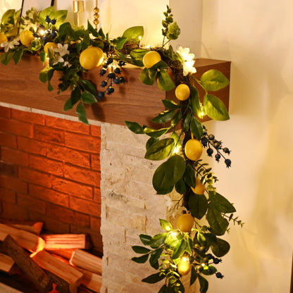 Valery Madelyn 6ft Pre-Lit Lemon Garland with Greenery, Thick Spring Summer Garland for Mantle with Lights, Artificial Fruit Vine for Stairs Fireplace Table, Farmhouse Kitchen Home Wall Party Decor