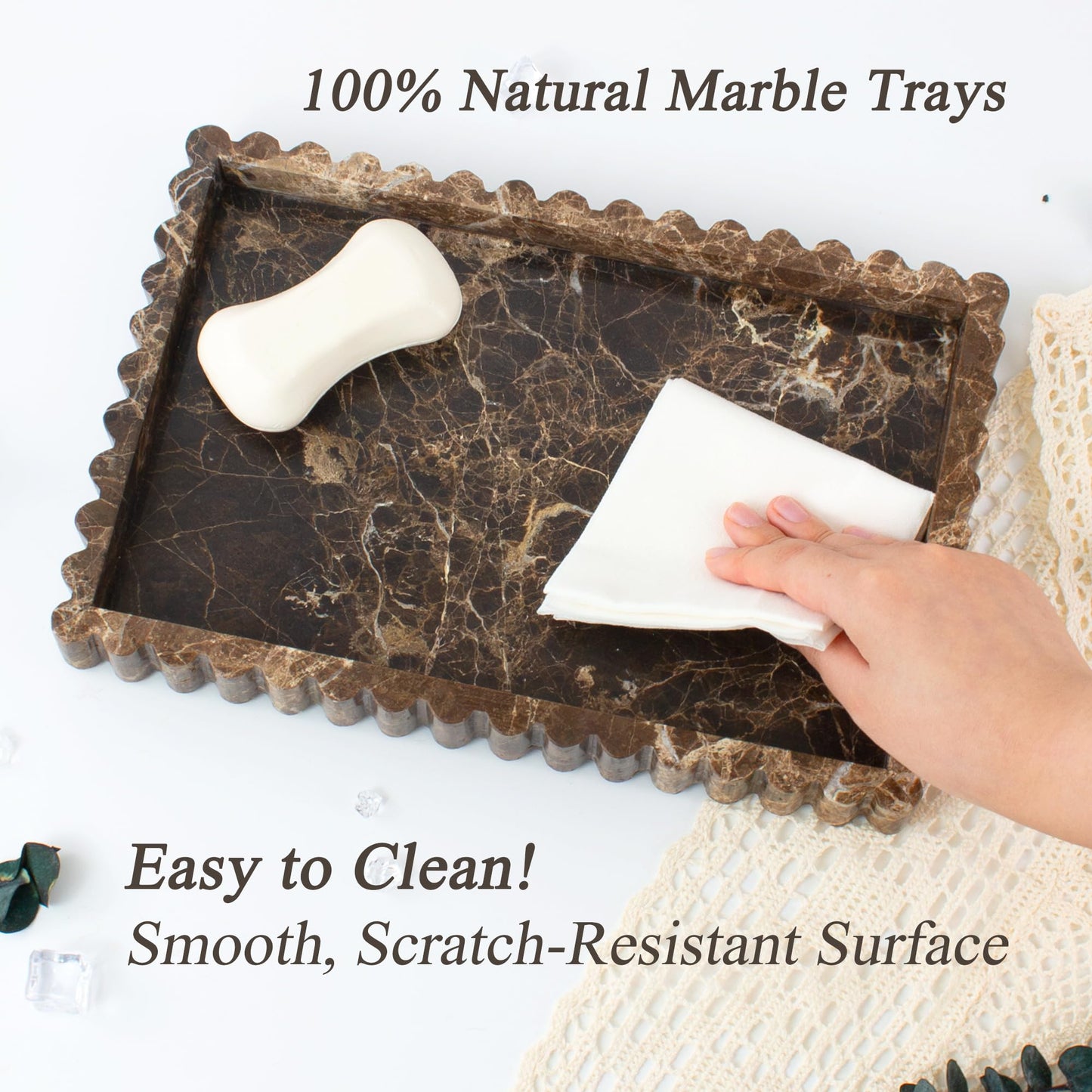 YMXYJM Natural Marble Tray for Bathroom, Real Stone Decorative Vanity Tray with Fluted Edge, Large Marble Serving Storage Tray for Kitchen Counter, Dresser, Home Decor, 11.8" x 8", Dark Brown