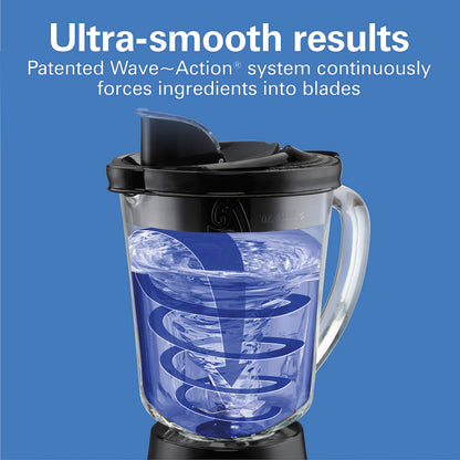 Hamilton Beach Wave Action Blender for Smoothies, Stainless Steel Ice Sabre Blades, 40oz Glass Jar, 800 Watts, Quiet Design, Black (58175)