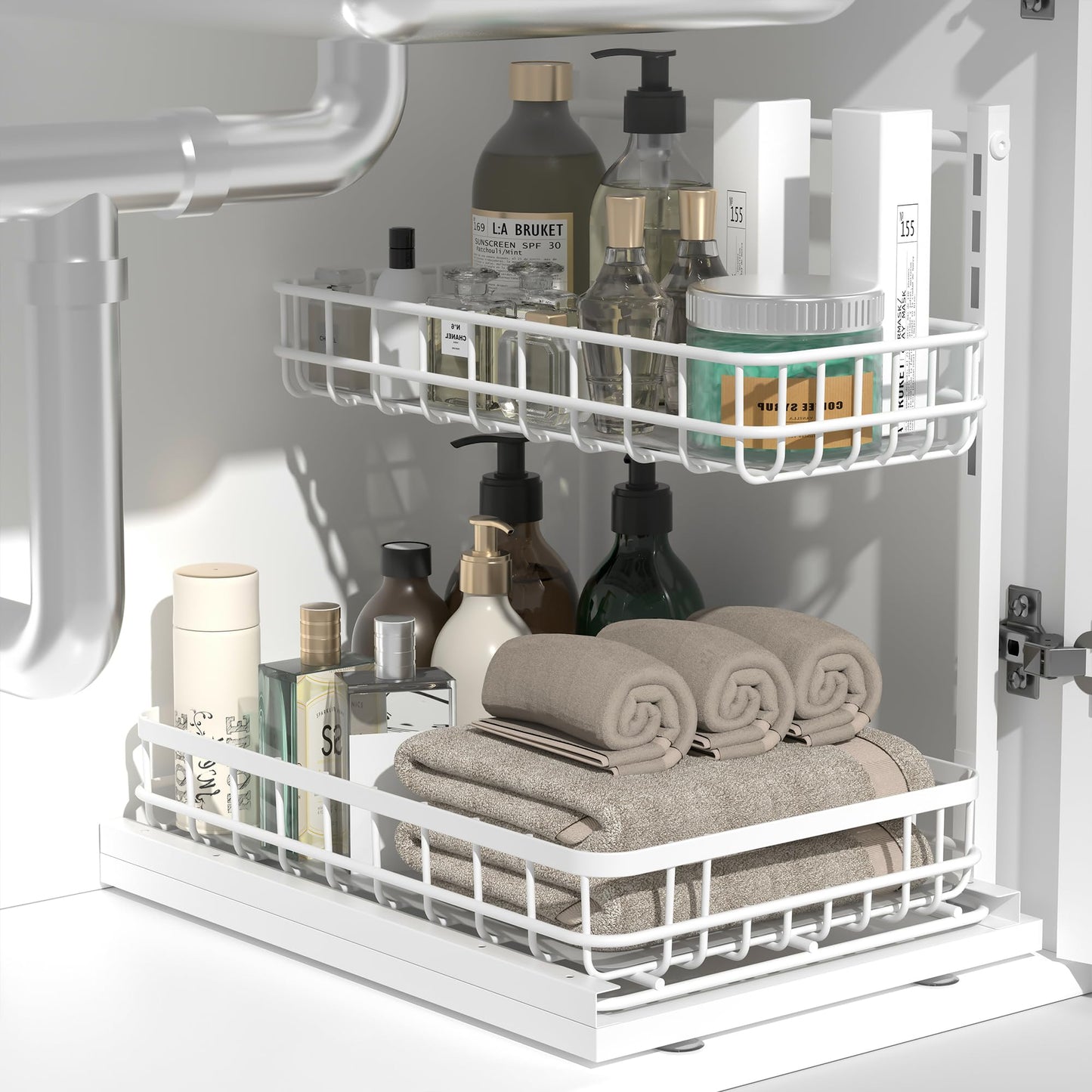Uninol Under Sink Organizer, Adjustable Height Pull-Out Kitchen Storage Organization,15.8" x 11.8" x 16.5", 2-Tier Kitchen Shelf, Bathroom Drawer Organizer, 2 Pack|White
