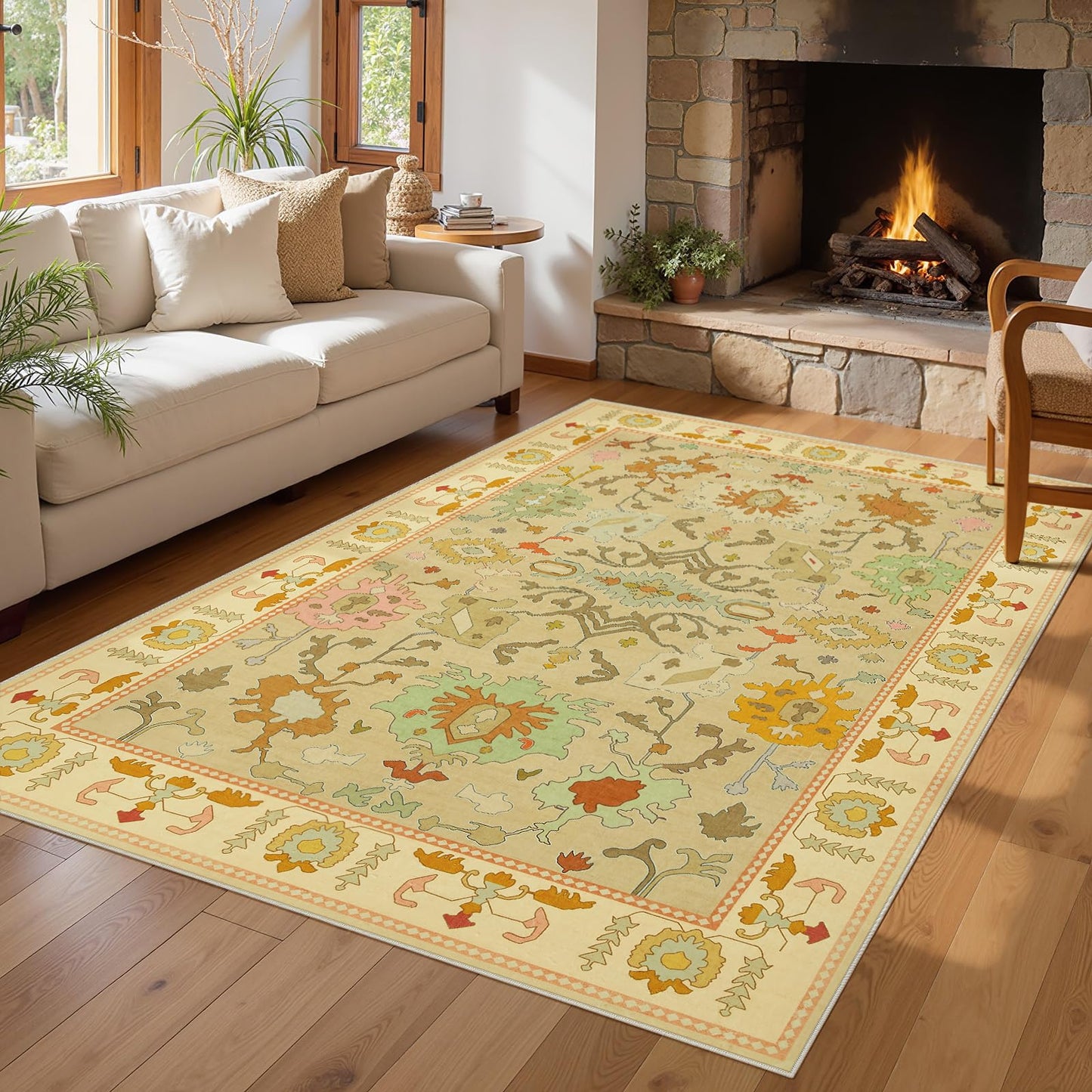 Joydeco Oushak Orange Rug for Living Room, Washable Carpet for Bedroom Non Slip, Boho Floral Ultra-Thin Soft Indoor Floor Throw Rugs for Entryway Dining Table Nursery Home Kitchen