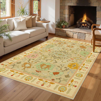 Joydeco Oushak Orange Rug for Living Room, Washable Carpet for Bedroom Non Slip, Boho Floral Ultra-Thin Soft Indoor Floor Throw Rugs for Entryway Dining Table Nursery Home Kitchen