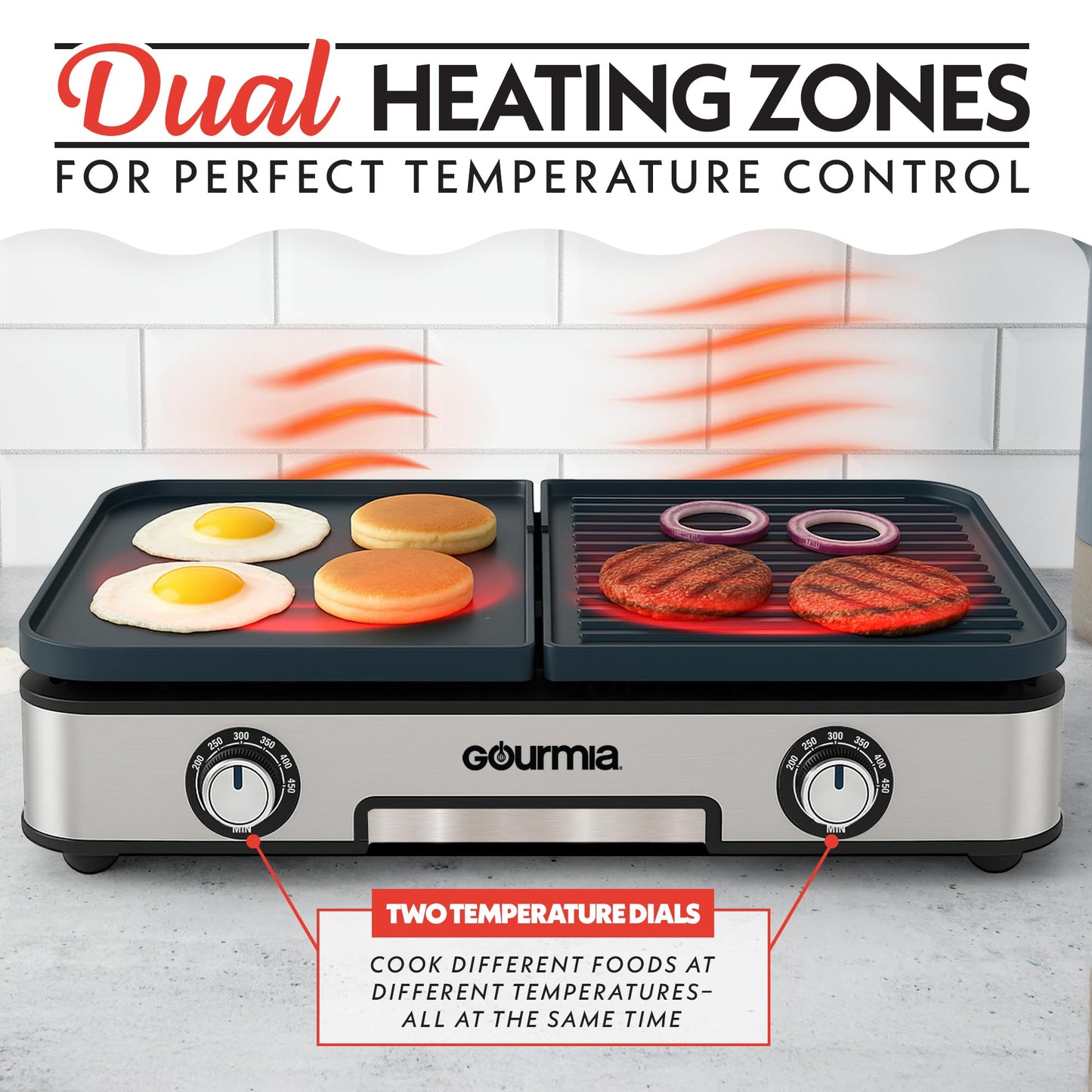 Gourmia 3-in-1 Indoor Grill & Griddle Electric Combo – Dual Independent Cooking Zones, Reversible Nonstick Ceramic Plates, XL Cooking Surface, 250–400°F Adjustable Temp, Dishwasher Safe