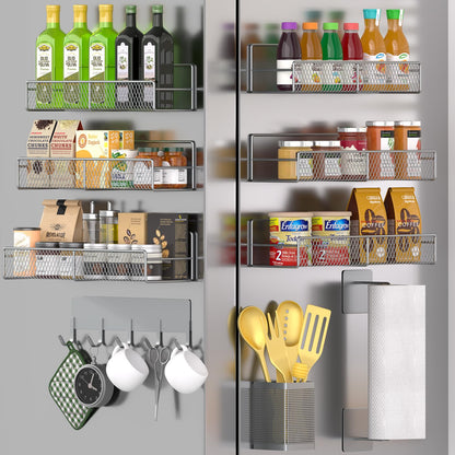 Magnetic Spice Rack for Refrigerator, 10 Pack 100% Metal Strong Magnet Shelf, Moveable Spice Organizer W/ Adjustable Paper Towel Holder, Hook Rack & Utensil Caddy, Home Kitchen Laundry Storage, Grey