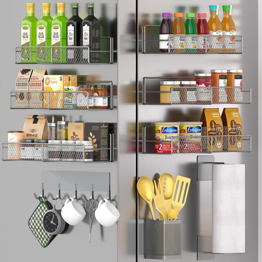 Magnetic Spice Rack for Refrigerator, 10 Pack 100% Metal Strong Magnet Shelf, Moveable Spice Organizer W/ Adjustable Paper Towel Holder, Hook Rack & Utensil Caddy, Home Kitchen Laundry Storage, Grey