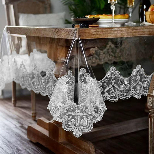 Jusmate Clear Vinyl Tablecloth Protector Transparent PVC Lace Border Plastic Waterproof Oil-Proof Rectangle Table Cover for Kitchen Home Dining Holiday Decoration (White, 60 x 104 Inch)