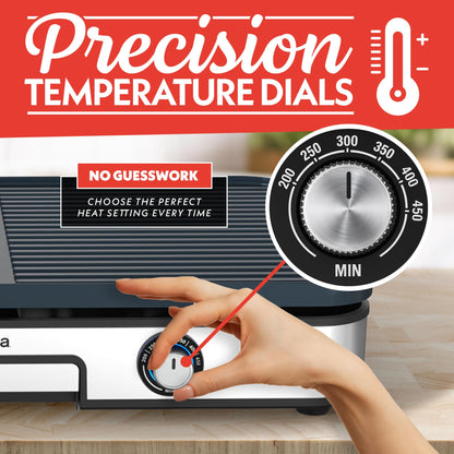 Gourmia 3-in-1 Indoor Grill & Griddle Electric Combo – Dual Independent Cooking Zones, Reversible Nonstick Ceramic Plates, XL Cooking Surface, 250–400°F Adjustable Temp, Dishwasher Safe