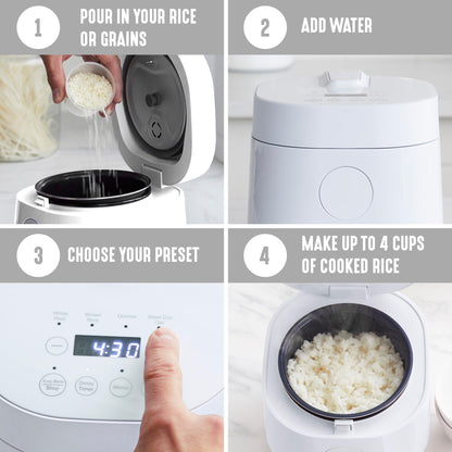 GreenLife Digital Rice Cooker, 2-Cups Uncooked/4-Cups Cooked, Removable Nonstick Ceramic PFAS-Free Pot, One-Touch Presets, Oats, Quinoa, Brown Rice, Auto Keep Warm, Fuzzy Logic Tech, 1.5QT, White