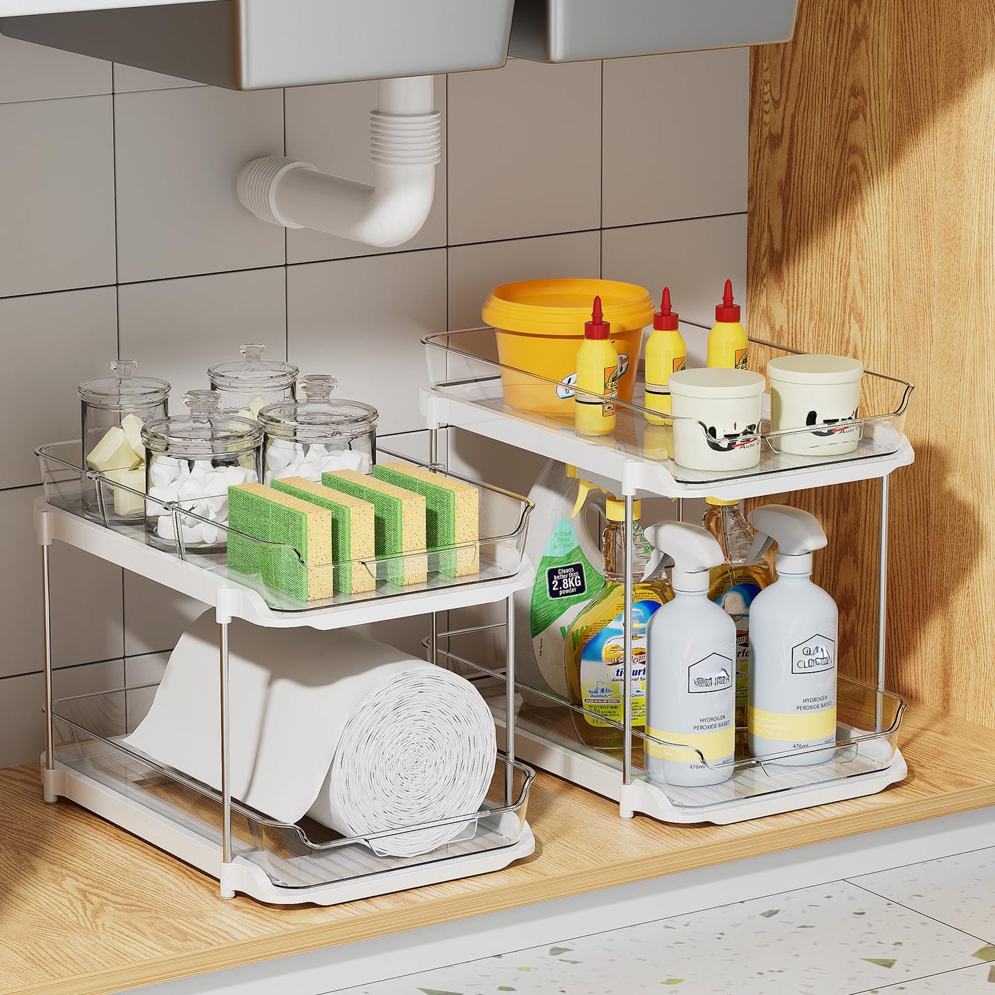 Delamu 4 Pack 2-Tier Bathroom Under Sink Organizers and Storage, Multi-Purpose Stackable Pantry Organization and Storage, Pull Out Clear Kitchen Bathroom Cabinet Organizer with Movable Dividers, White