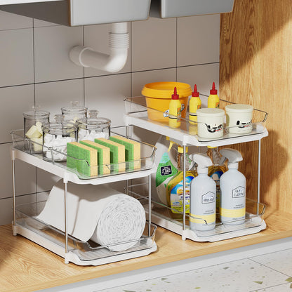 Delamu 4 Pack 2-Tier Bathroom Under Sink Organizers and Storage, Multi-Purpose Stackable Pantry Organization and Storage, Pull Out Clear Kitchen Bathroom Cabinet Organizer with Movable Dividers, White