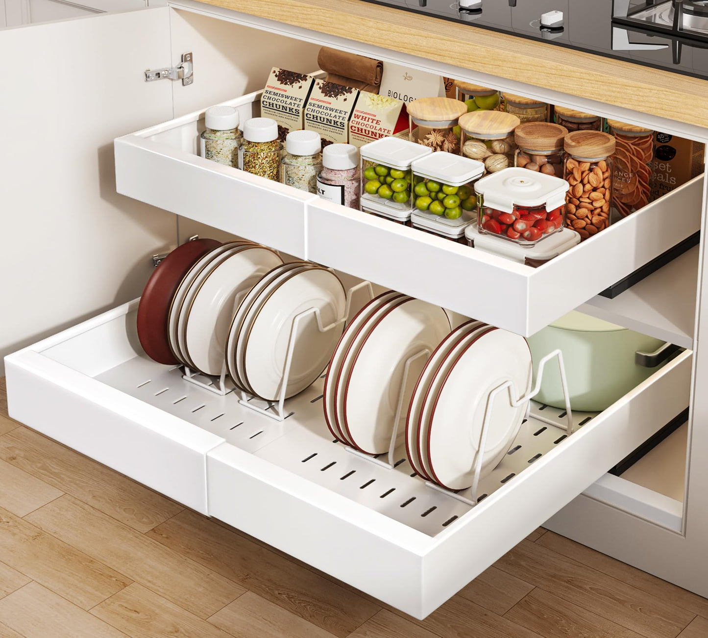 Seinloes 2 Pack Pull out Cabinet Organizer 21"Deep With Raising Pad for Framed Cabinets, Expandable Slide out Drawers for Kitchen Cabinets with 4pcs Divider Racks, Roll out Shelves 12.1"-20.4" W White