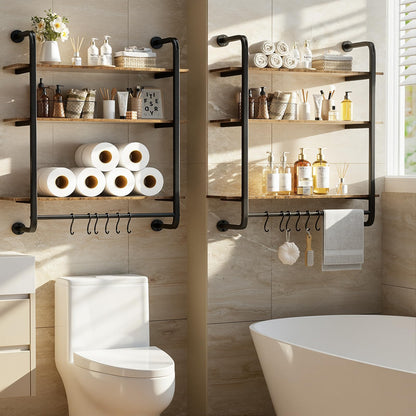 Kssiaz 3 Tier Industrial Pipe Floating Shelf, 24" Kitchen Wall Shelves with Towel Bar & 6 Hooks, Coffee Bar Shelves Display Bookshelf Wall Shelf for Kitchen, Bathroom, Home Décor, Rustic Brown