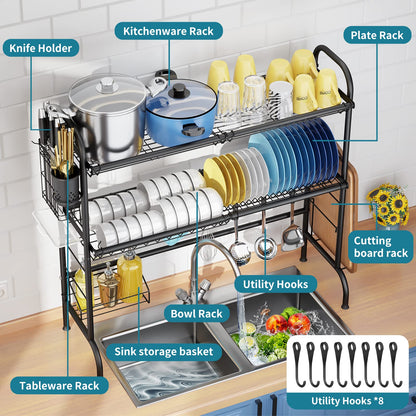 HOWDIA 3-Tier Over The Sink Dish Drying Rack,Stainless Steel Dish Rack with Cutlery Holder & Chopping Board Rack, 33.9” x 11.4” x 32.3” for Maximum Kitchen Storage（Black）