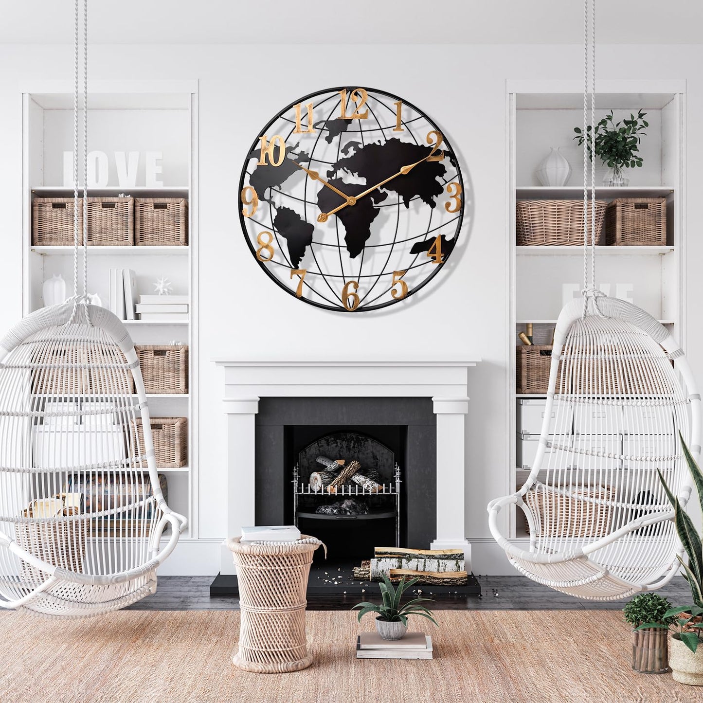 Large World Map Wall Clock, Metal Minimalist Modern Clock,Round Silent Non-Ticking Battery Operated Wall Clocks for Living Room/Home/Kitchen/Bedroom/Office/Farmhouse Decor (24 Inch)