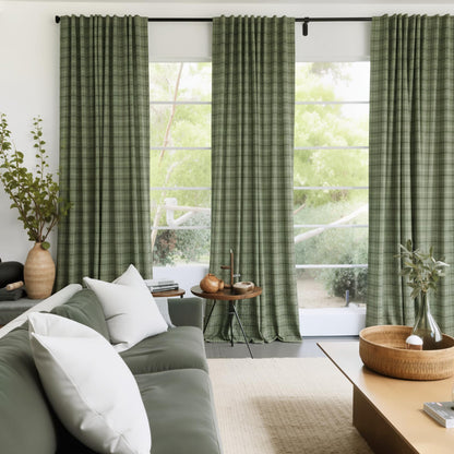 RYB HOME Green Plaid Curtains for Living Room Dining Room, Linen Blend Light Filtering Semi-Sheer Privacy Farmhouse Checkered Window Treatment for Kitchen Bedroom, W52 x L96 Inch, 2 Panels