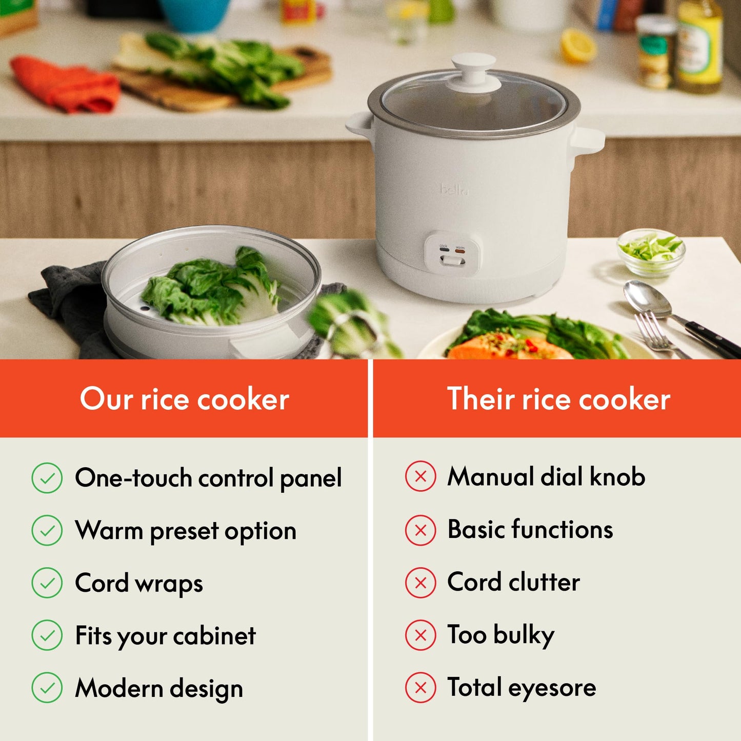 bella 16 Cup Rice Cooker with Steamer, Dishwasher Safe Steaming Basket, Rice Paddle and Measuring Cup, Removable Nonstick Cooking Bowl, Automatic Keep Warm Function, 400 Watt, Oatmilk