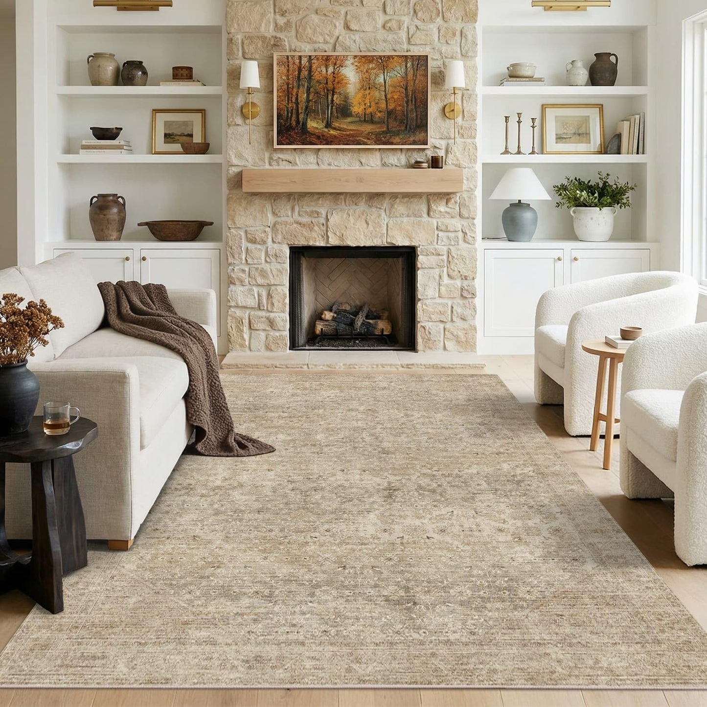 Washable Large Area Rugs for Bedroom, 5x7 Neutral Beige Boho Vintage Stain Resistant Non Slip Low Pile Lightweight Carpet for Living Room Kitchen Dining Room Farmhouse Nursery Kids Room Home Office