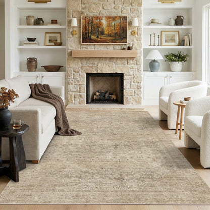 Washable Large Area Rugs for Bedroom, 5x7 Neutral Beige Boho Vintage Stain Resistant Non Slip Low Pile Lightweight Carpet for Living Room Kitchen Dining Room Farmhouse Nursery Kids Room Home Office