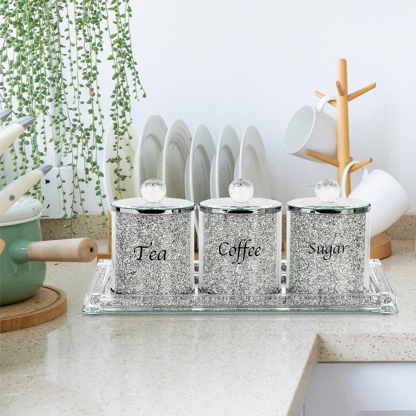 Topsky Coffee Sugar Tea Crystal Canister Set of 4,Sparkly Crystal Crushed Diamonds Home Decor,Silver Kitchen Coffee Jar Storage Set with Label & Lid,Storage Container Set for Countertop,Dining Room