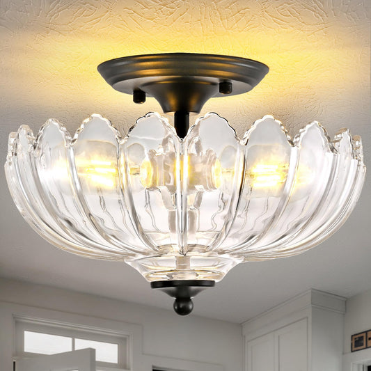 Ruibutrade Clear Glass Ceiling Light Fixture - Handmade Art Glass Semi Flush Mount Lighting with 3 E26 Bases, Crystal-Like Transparency for Bedroom Kitchen Hallway, Modern Vintage Home Decor