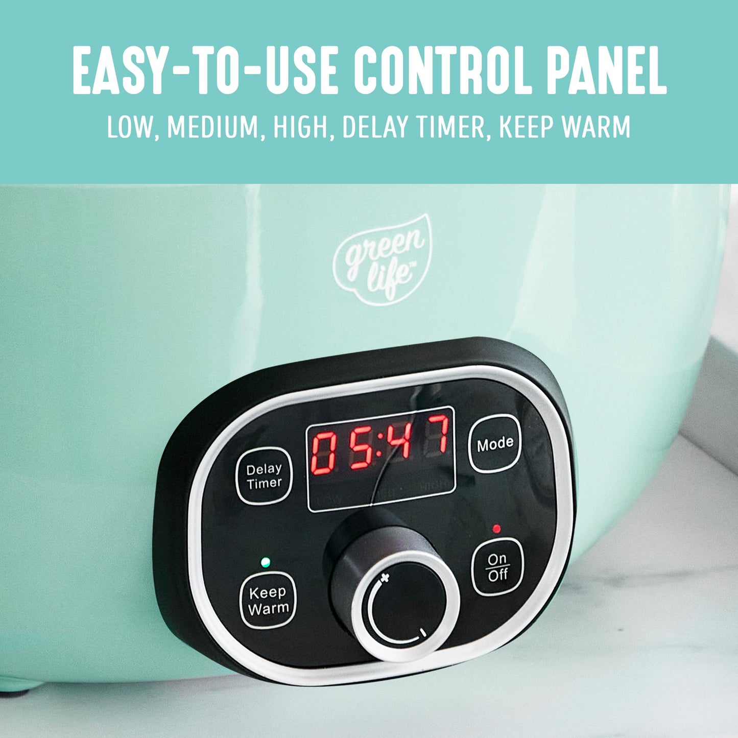 GreenLife 6QT Ceramic Slow Cooker, PFAS-Free, Programmable, Removable Healthy Nonstick Pot for Family Meals, Sear on Stovetop, Keep Warm, Digital Timer, Dishwasher Safe Crock, Turquoise