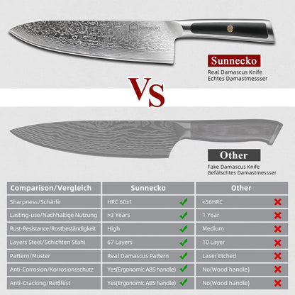 Sunnecko 8 Inch Japanese Damascus Chef Knife - Ultra Sharp 10-12 Degree Edge VG10 67 Layers Kitchen Cooking Knives for Meat, Vegetable & Fruit, Full Tang Forged Blade, Premium Father Day Gift Box