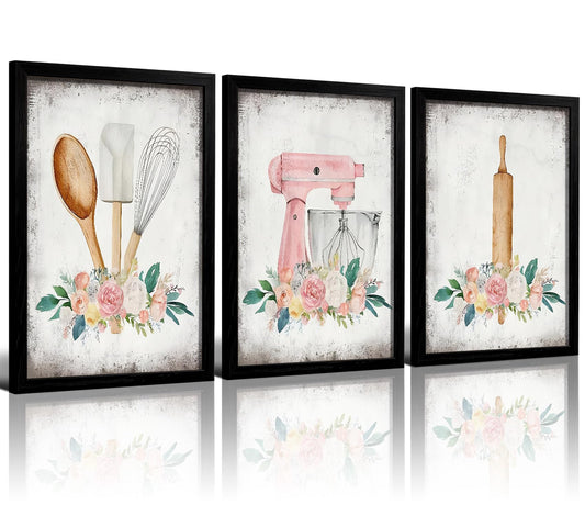 Doqueodas 3 pcs black wooden framed pink floral baking-themed wall hanging set vintage country kitchen poster showcasing a comfortable home cooking lifestyle dining room wall decor 12x16 inch