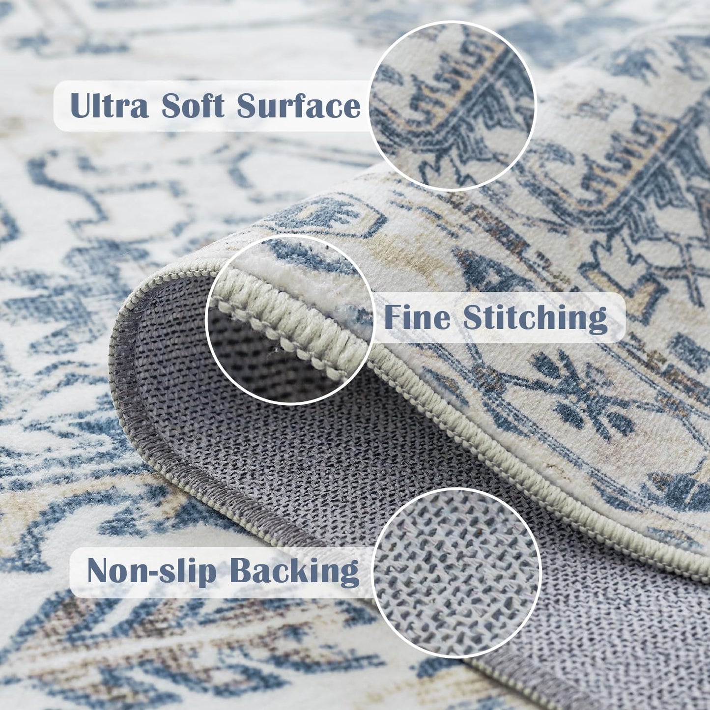 jinchan Lima Hallway Runner Rug 2x10 Washable - Vintage Floral Non Slip Low-Pile Soft Ultra-Thin Faux Wool Kitchen Rug Distressed Carpet Runner for Farmhouse Bedroom Laundry (2x10ft, Blue)